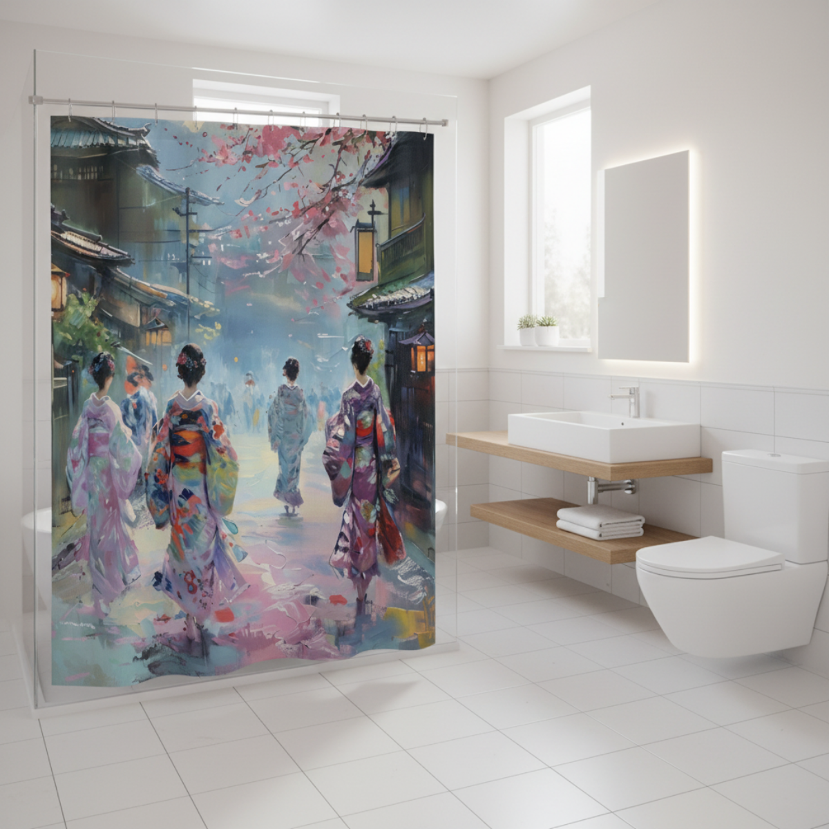 Japanese Kimono Geisha Shower Curta in a kawaii aesthetic bedroom — soft natural lighting, warm layered styling by HomeStyles