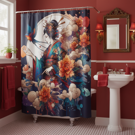 Japanese Kimono Geisya Retro Shower in a kawaii aesthetic bedroom — soft natural lighting, warm layered styling by HomeStyles