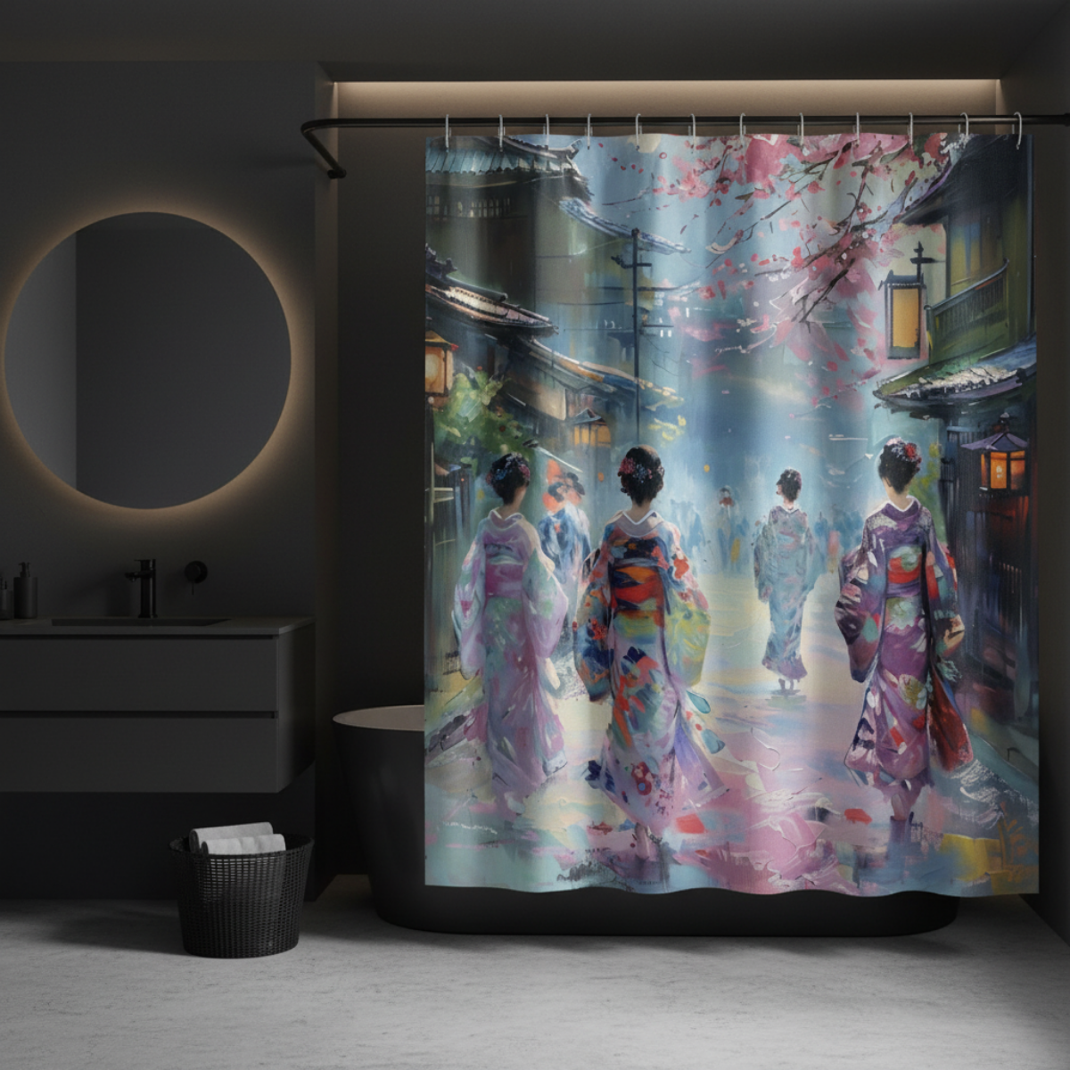 Japanese Kimono Geisha Shower Curta in a kawaii aesthetic bedroom — soft natural lighting, warm layered styling by HomeStyles