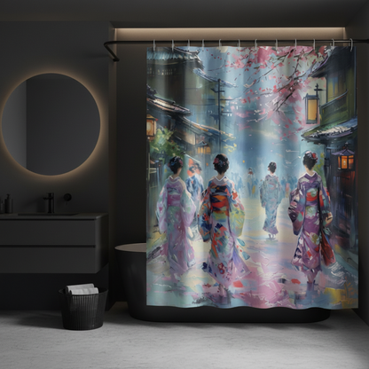 Japanese Kimono Geisha Shower Curta in a kawaii aesthetic bedroom — soft natural lighting, warm layered styling by HomeStyles