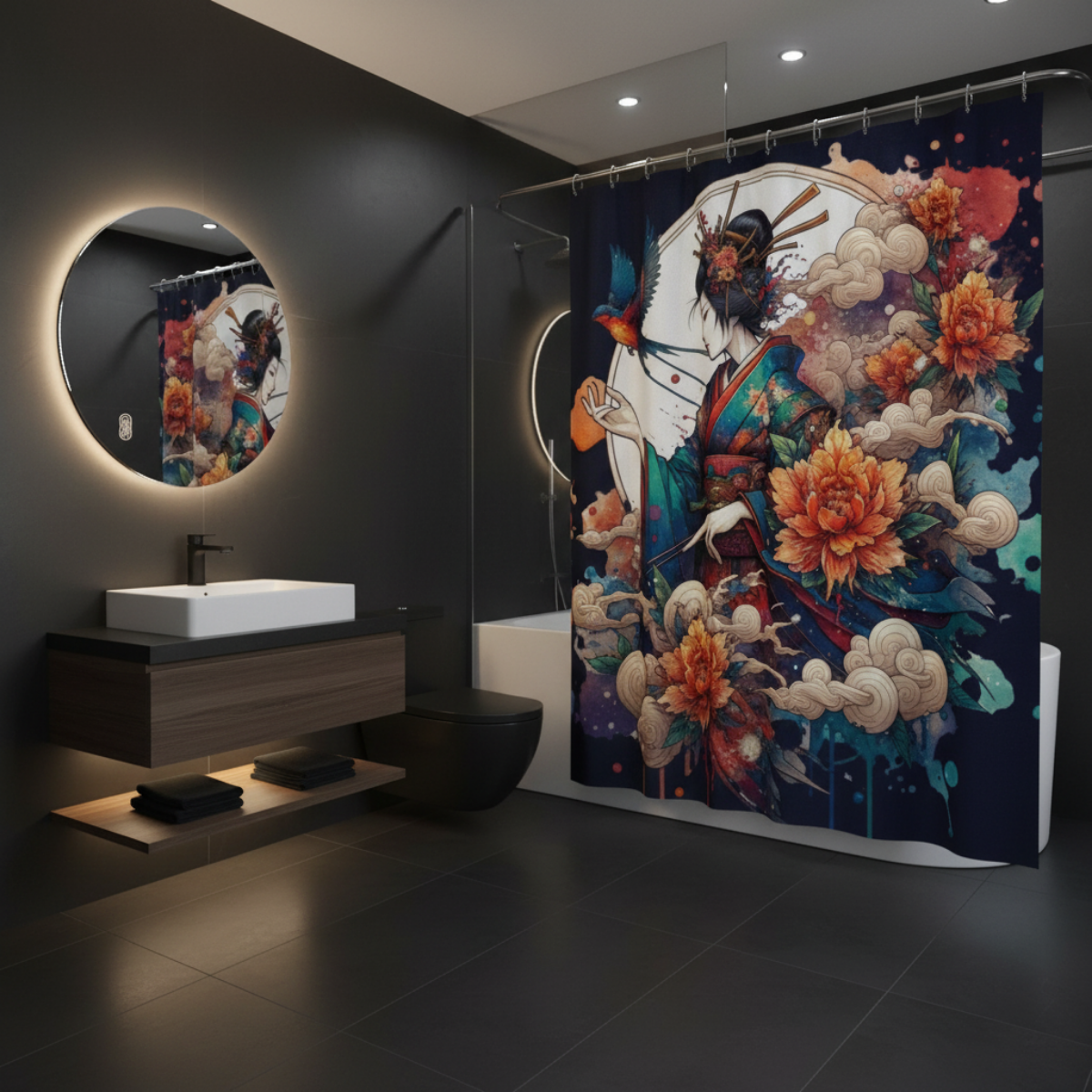 Japanese Kimono Geisya Retro Shower in a kawaii aesthetic bedroom — soft natural lighting, warm layered styling by HomeStyles