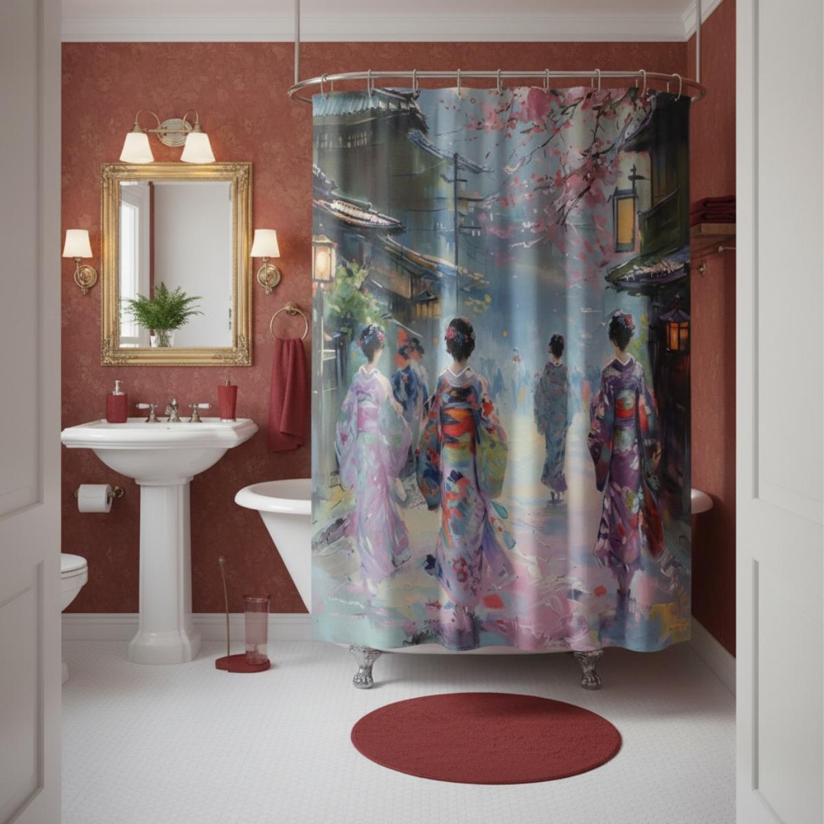 Japanese Kimono Geisha Shower Curta in a kawaii aesthetic bedroom — soft natural lighting, warm layered styling by HomeStyles