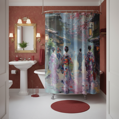 Japanese Kimono Geisha Shower Curta in a kawaii aesthetic bedroom — soft natural lighting, warm layered styling by HomeStyles