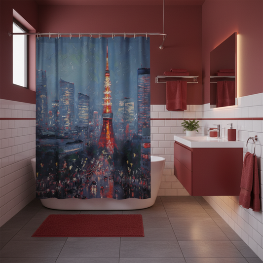 Tokyo Tower Shower Curtain in a kawaii aesthetic bedroom — soft natural lighting, warm layered styling by HomeStylesPlus