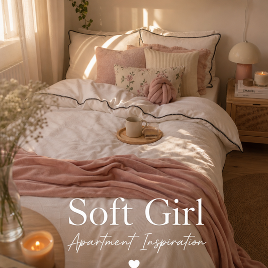 Cozy bedroom with soft lighting, pink accents, and 'Soft Girl Apartment Inspiration' text.