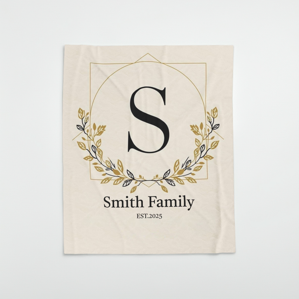 Personalized family monogram fleece blanket with elegant floral design and custom name, perfect wedding anniversary gift for couples
