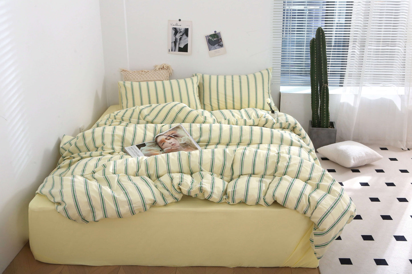 Sage Green Striped Washed Cotton Du in a soft aesthetic dorm room — soft natural lighting, warm layered styling by HomeStyles