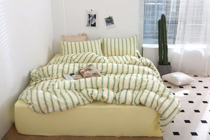 Sage Green Striped Washed Cotton Du in a soft aesthetic dorm room — soft natural lighting, warm layered styling by HomeStyles