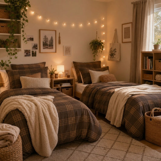 Brown plaid Twin XL cotton duvet cover and pillowcases in cozy college dorm room setting