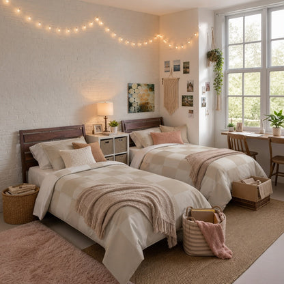 Cream beige checker comforter on cozy Twin XL dorm bedding with soft girl aesthetic style
