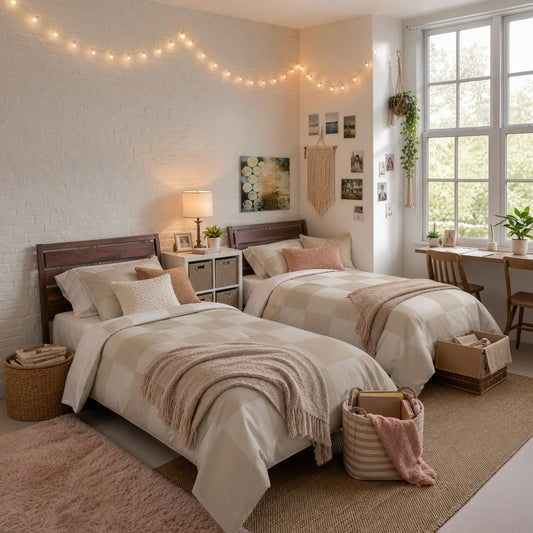 Cream beige checker comforter on cozy Twin XL dorm bedding with soft girl aesthetic style