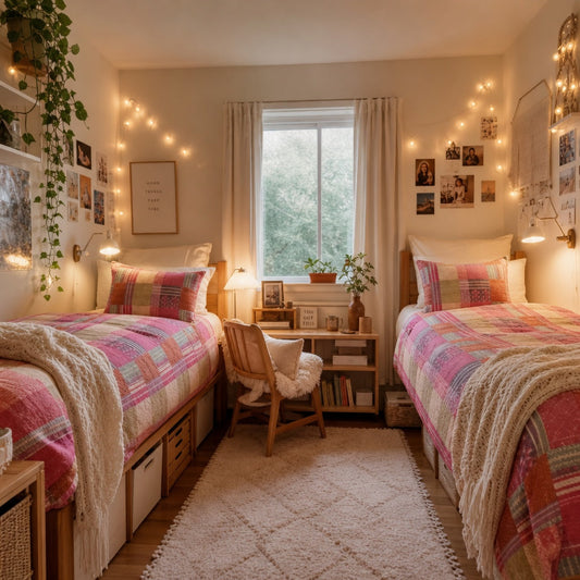 Colorful patchwork duvet cover set on twin XL bed in cozy dorm room with soft girl aesthetic decor