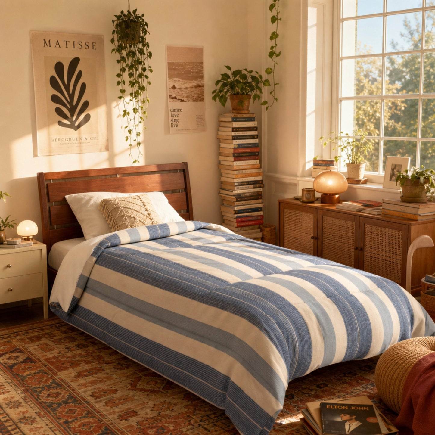 Blue and white striped Twin XL comforter on a cozy dorm bed with coastal aesthetic