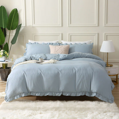 Serene Sky Blue Duvet Cover Set - Luxurious Ruffle-Trimmed Bedding Collection