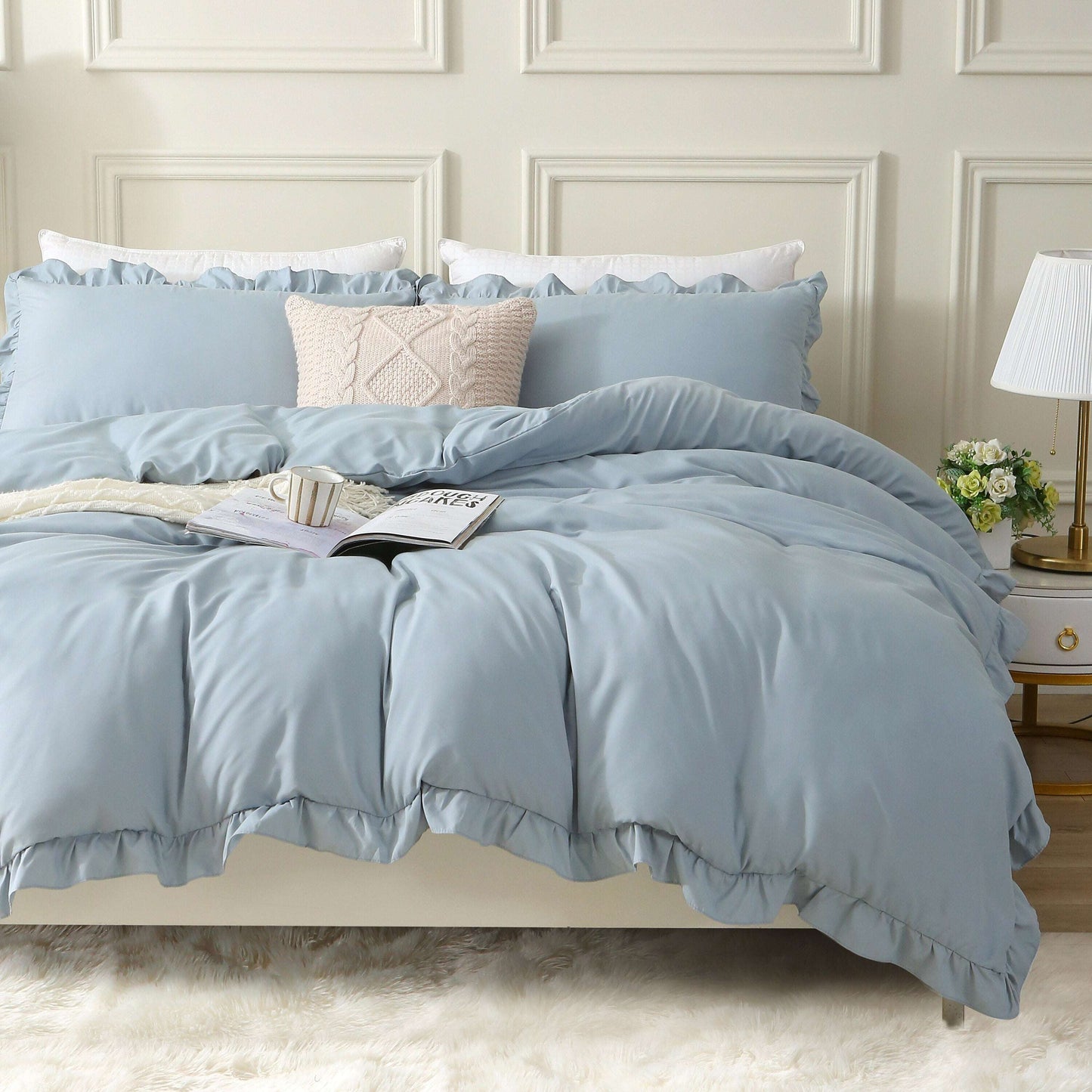 Serene Sky Blue Duvet Cover Set - Luxurious Ruffle-Trimmed Bedding Collection