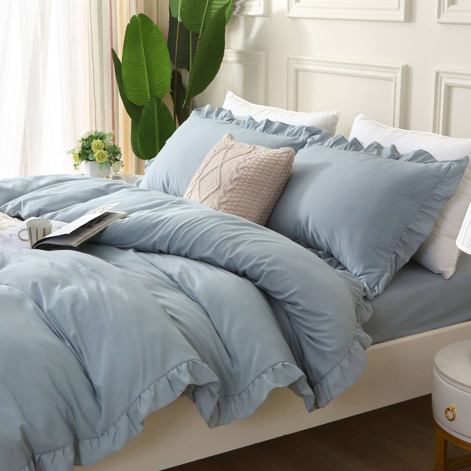 Serene Sky Blue Duvet Cover Set - Luxurious Ruffle-Trimmed Bedding Collection