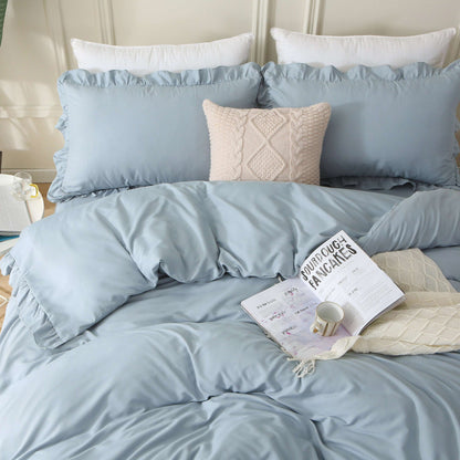 Serene Sky Blue Duvet Cover Set - Luxurious Ruffle-Trimmed Bedding Collection