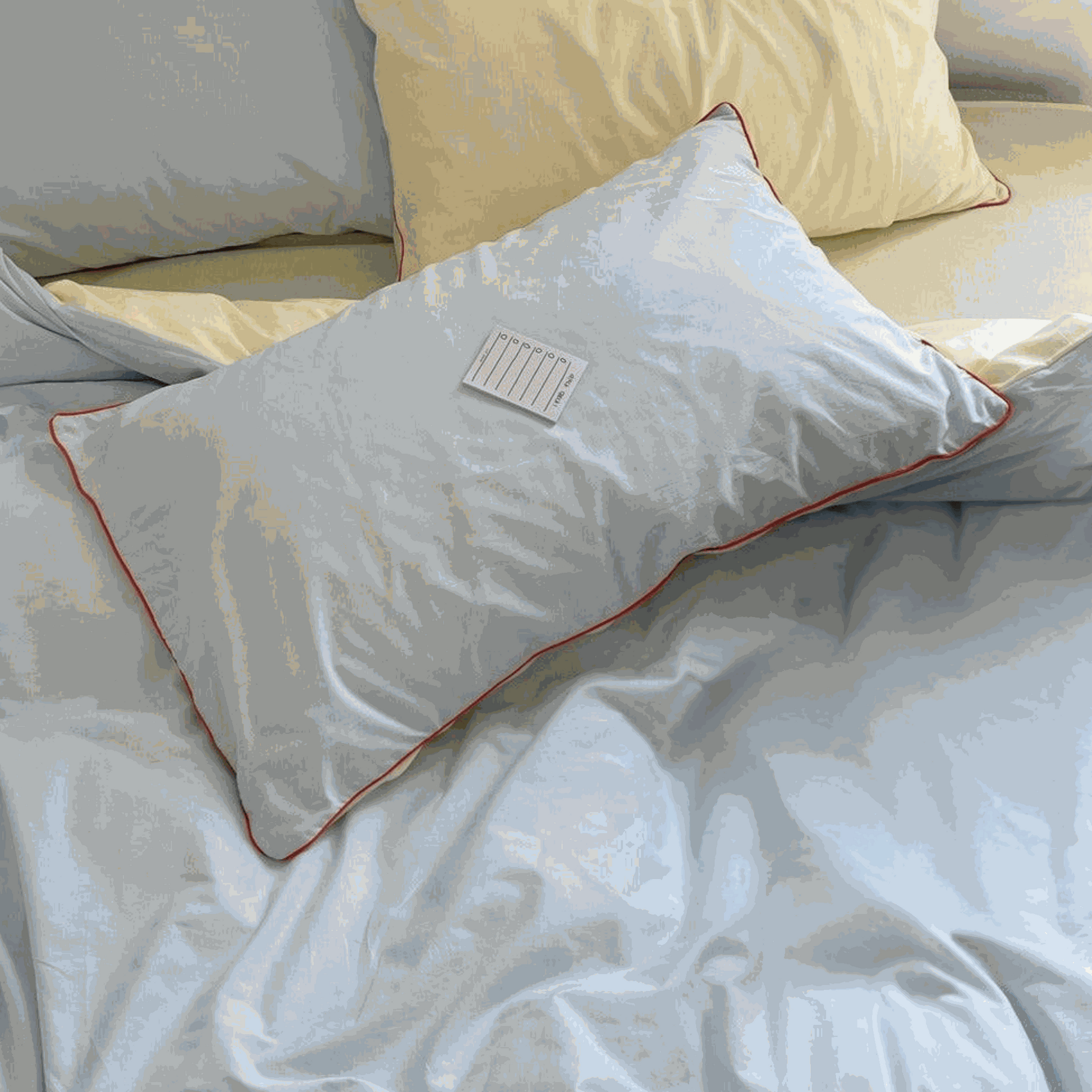 Blue duvet set with orange piping pillow sham on bed