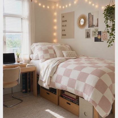 Dusty Pink Checker Cotton Bed Set | Duvet Cover Pillowcases, Cozy Dorm Apartment