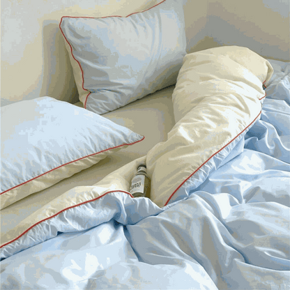 Retro Color Block Duvet Set in Sky Blue and Yellow with Orange Contrast Piping | Homestylesplus