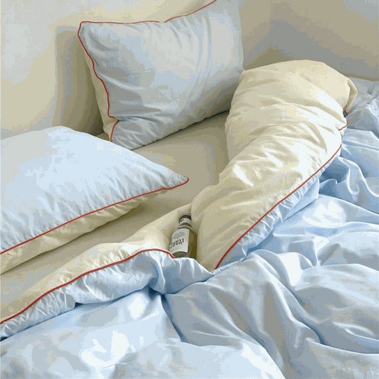 Retro Color Block Duvet Set in Sky Blue and Yellow with Orange Contrast Piping | Homestylesplus