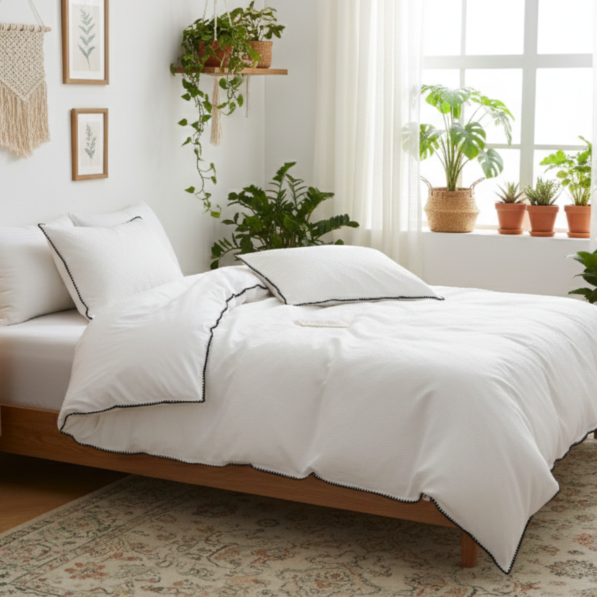 Minimalist plant-filled bedroom with luxury white and black bedding.