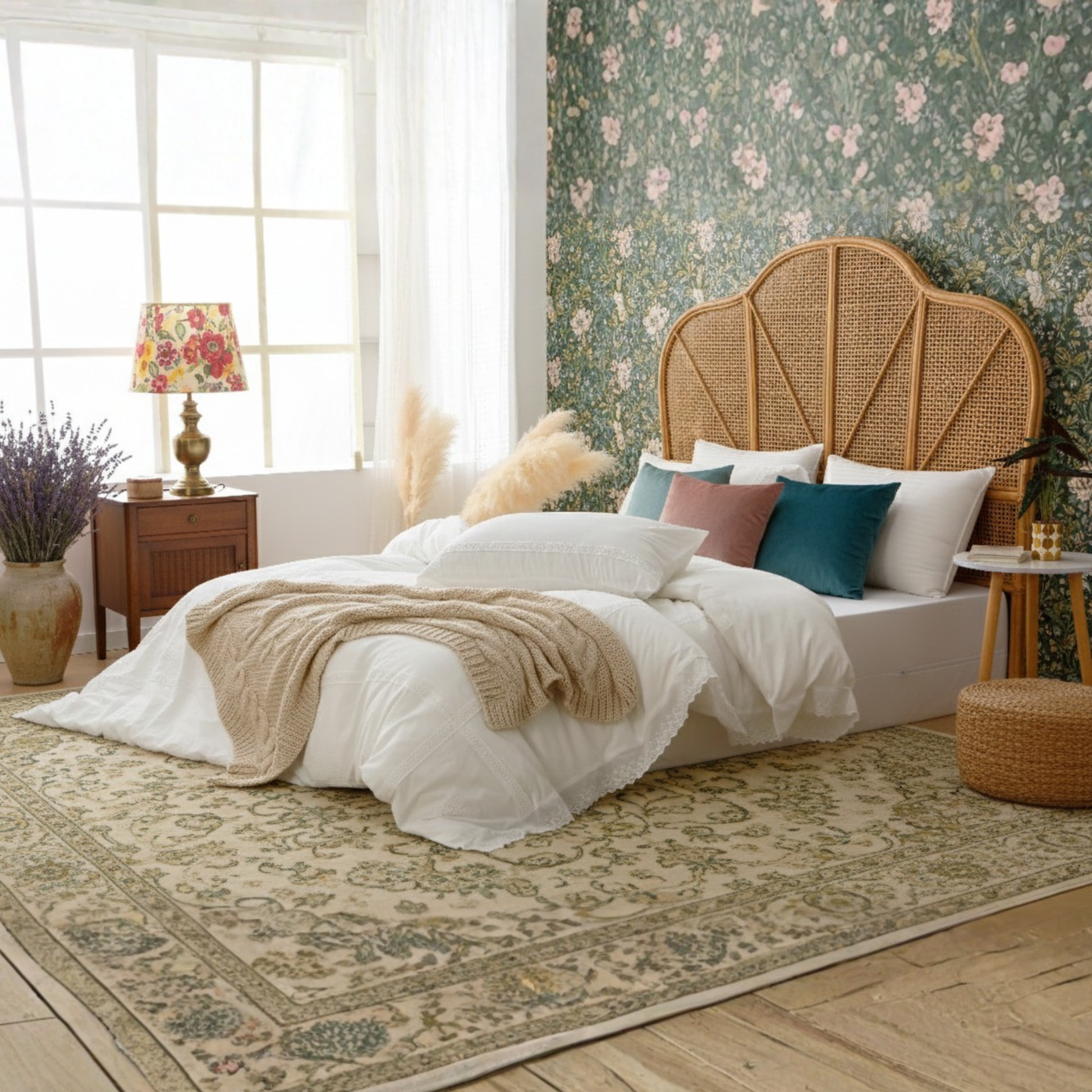 legant modern farmhouse bedroom with white lace bedding and neutral decor