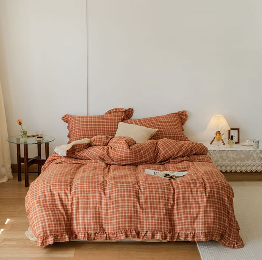 Classic Plaid & Gingham Cotton Duvet Cover Set - Autumnal Elegance