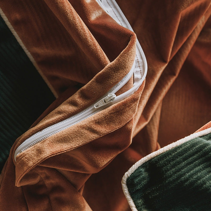 Close up of premium breathable cotton fabric on two-tone boho bedding
